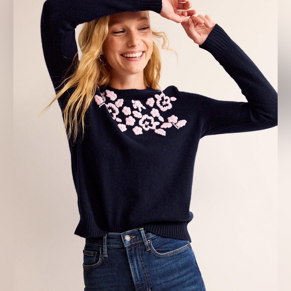 Boden Embroidered Floral Crewneck Sweater